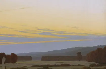 Caspar David Friedrich, Das Große Gehege bei Dresden, 1832 eine Landschaft in der Abenddämmerung mit Wasserflächen und Bäumen