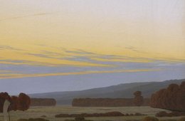 Caspar David Friedrich, Das Große Gehege bei Dresden, 1832 eine Landschaft in der Abenddämmerung mit Wasserflächen und Bäumen