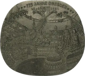 775 Jahre Stadt Dresden Medaille, darauf Dresden in Vogelperspektive