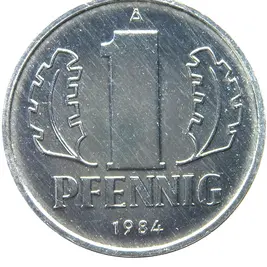 Münze, darauf eine 1 mit zwei Blättern links und rechts, unten Aufschrift "Pfennig 1984"