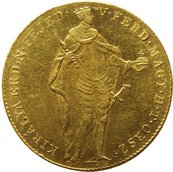 Münze, darauf bewaffneter Mann mit Krone und Mantel